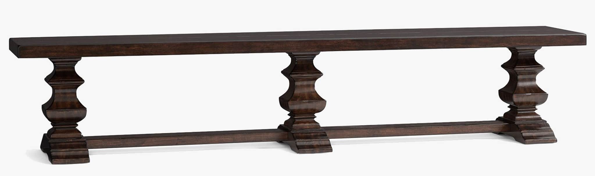 A long, rectangular console table with a dark brown finish. It features a solid top and is supported… — 3D model