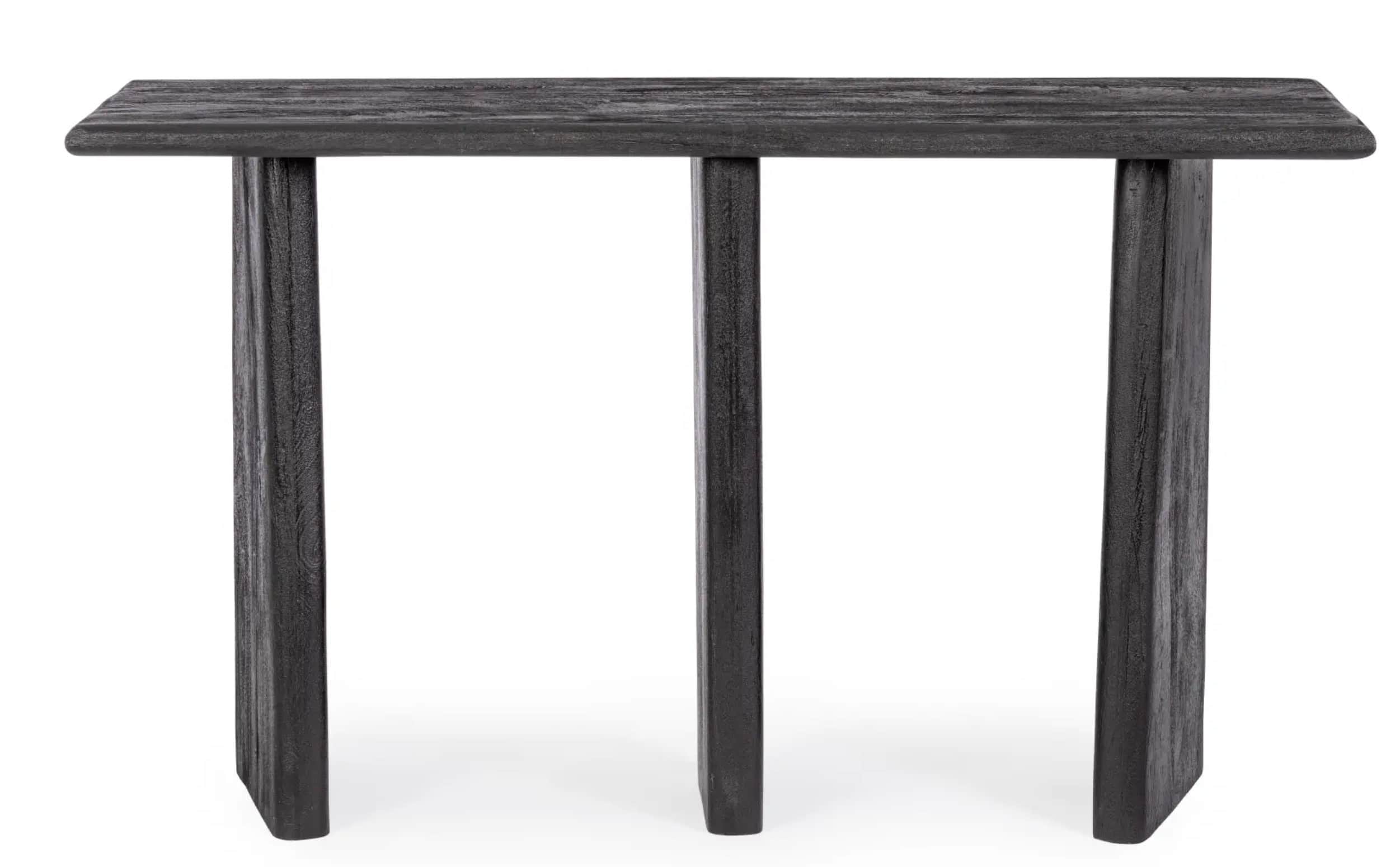 A narrow, rectangular console table crafted from dark, distressed wood. It features a thick tabletop… — 3D model