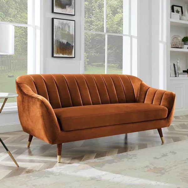 A terracotta orange loveseat featuring a distinct channel-tufted backrest and armrests, upholstered… — 3D model