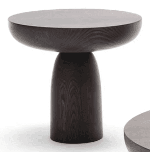 A modern, dark-stained wooden side table with a rounded, shallow bowl-shaped top supported by a soli… — 3D model