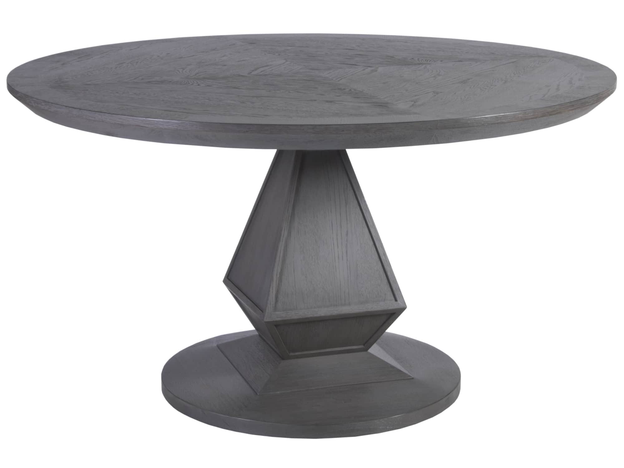 A round dining table with a pedestal base. The tabletop has a distinct wood grain pattern arranged i… — free BLEND 3D model