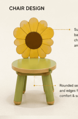 A vibrant green, yellow, and brown child's chair featuring a distinctive sunflower-shaped backrest.… — free GLTF 3D model