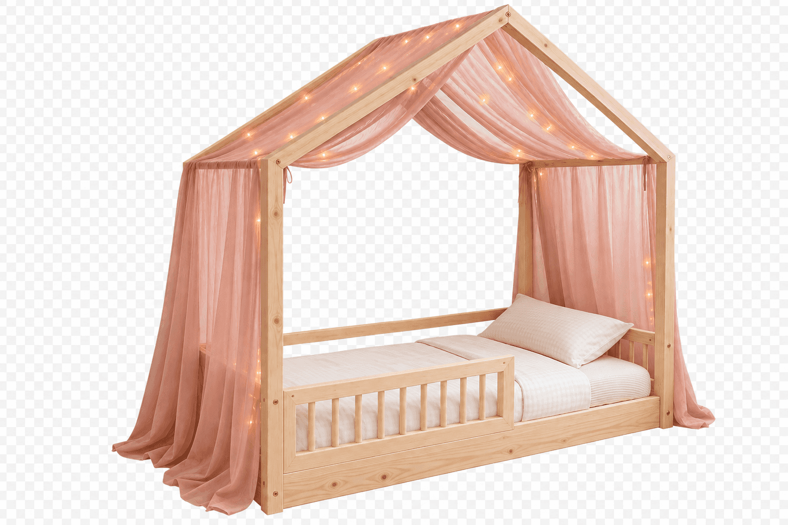 A children's bed featuring a house-shaped frame constructed from light-colored pine wood. It is ador… — 3D model