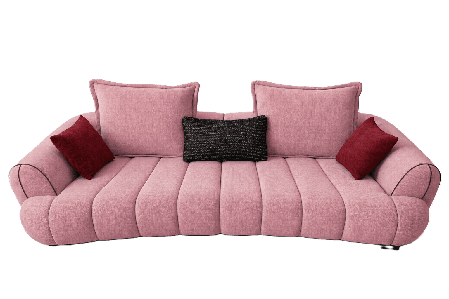 A modern, curved, pink upholstered sofa, featuring distinctive channel tufting on the seat and back.… — 3D model