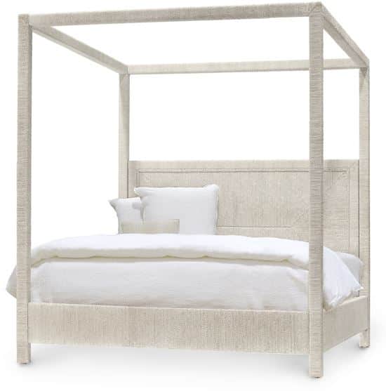 A modern canopy bed featuring a robust four-poster frame, fully upholstered in a light, textured fab… — 3D model