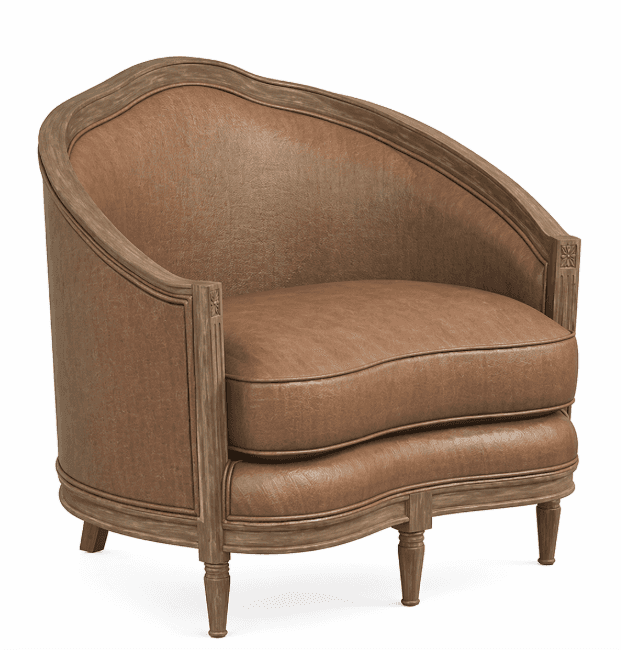 A barrel-shaped armchair with a curved back and seat, upholstered in brown leather. The frame is mad… — 3D model