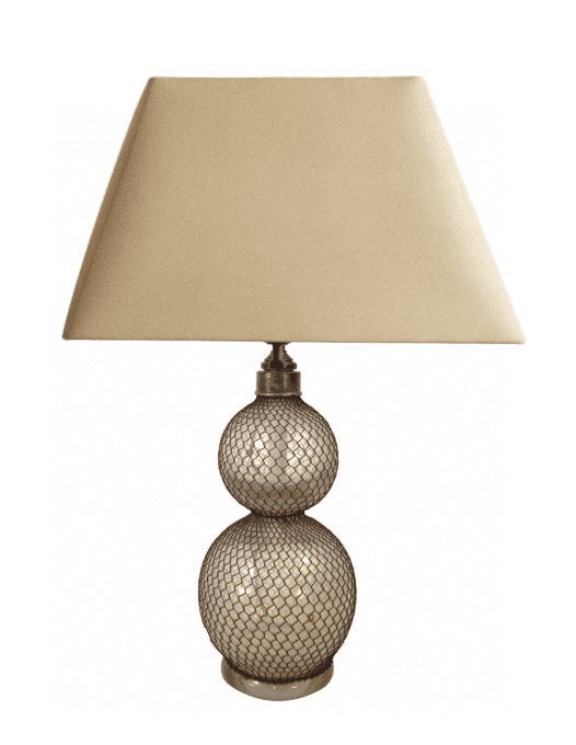 A table lamp featuring a double gourd-shaped base, intricately covered with capiz shell pieces enclo… — 3D model