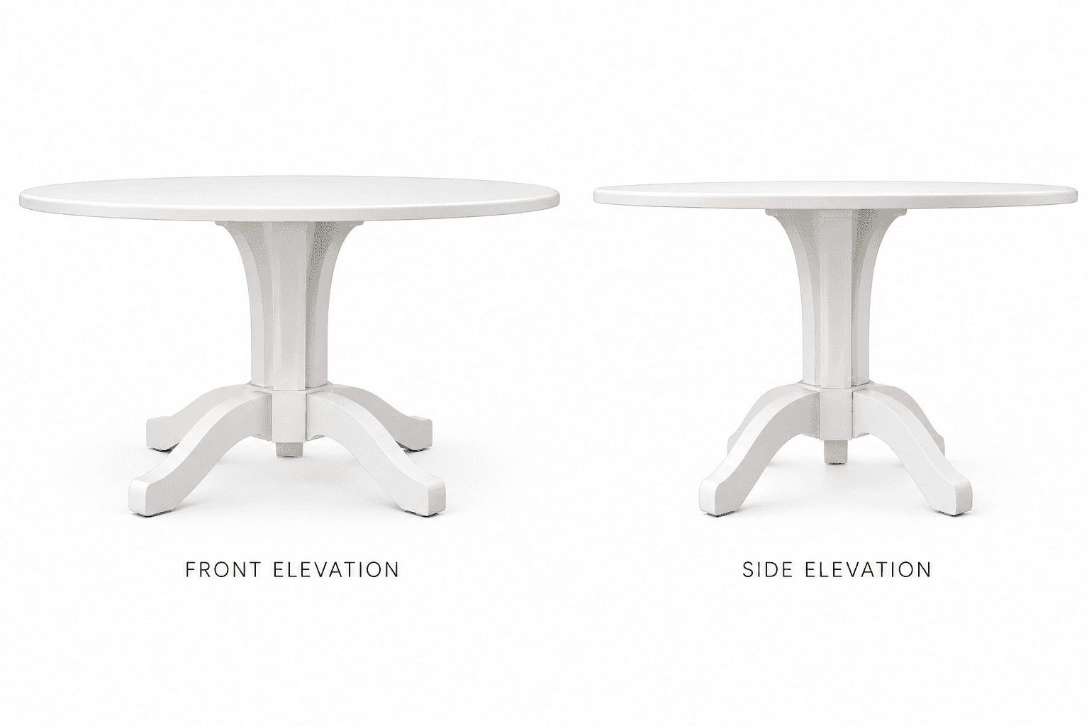 A white round table featuring a central pedestal base with a fluted column and four splayed, curved… — 3D model