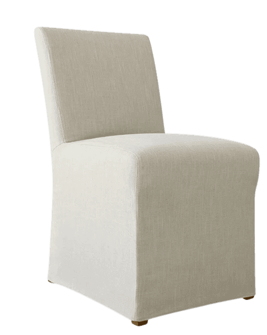 A contemporary armless dining chair fully upholstered in a light, neutral-toned fabric, likely linen… — 3D model