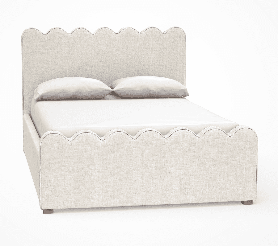 A contemporary upholstered platform bed featuring a distinctive scalloped design on both the headboa… — 3D model