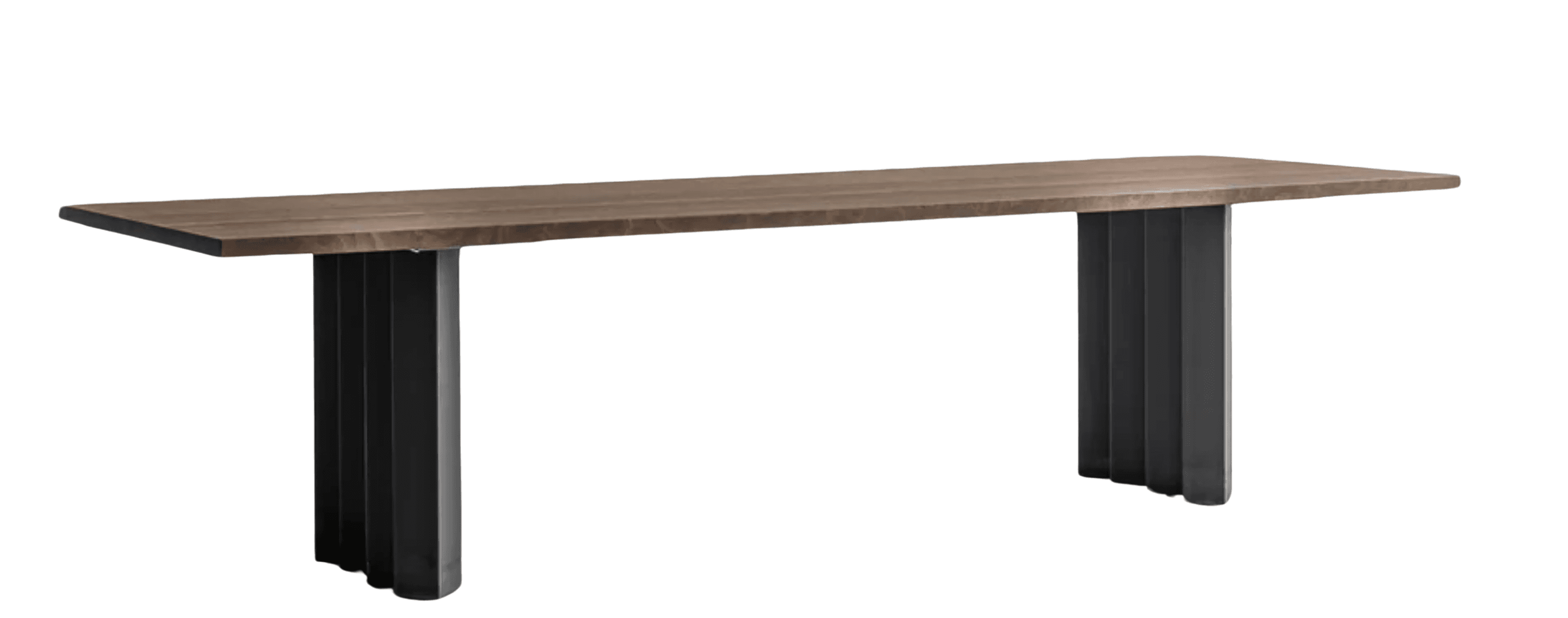 A long, rectangular dining table with a wooden top and two robust, industrial-style metal legs. The… — 3D model