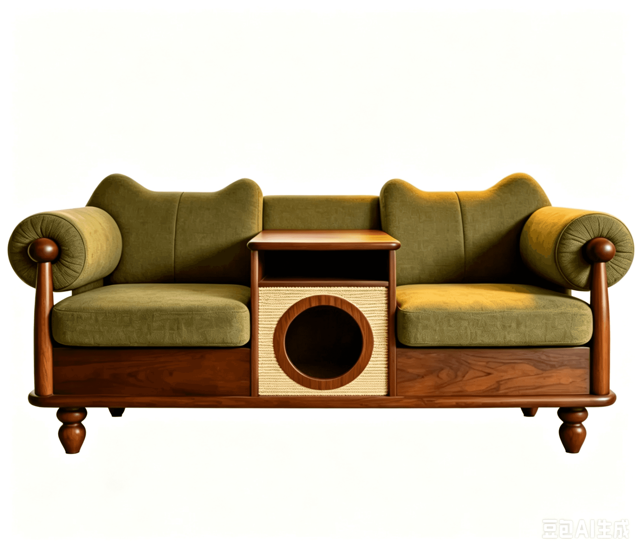 A contemporary two-seater sofa featuring a dark polished wood frame and olive green fabric upholster… — free SKP 3D model