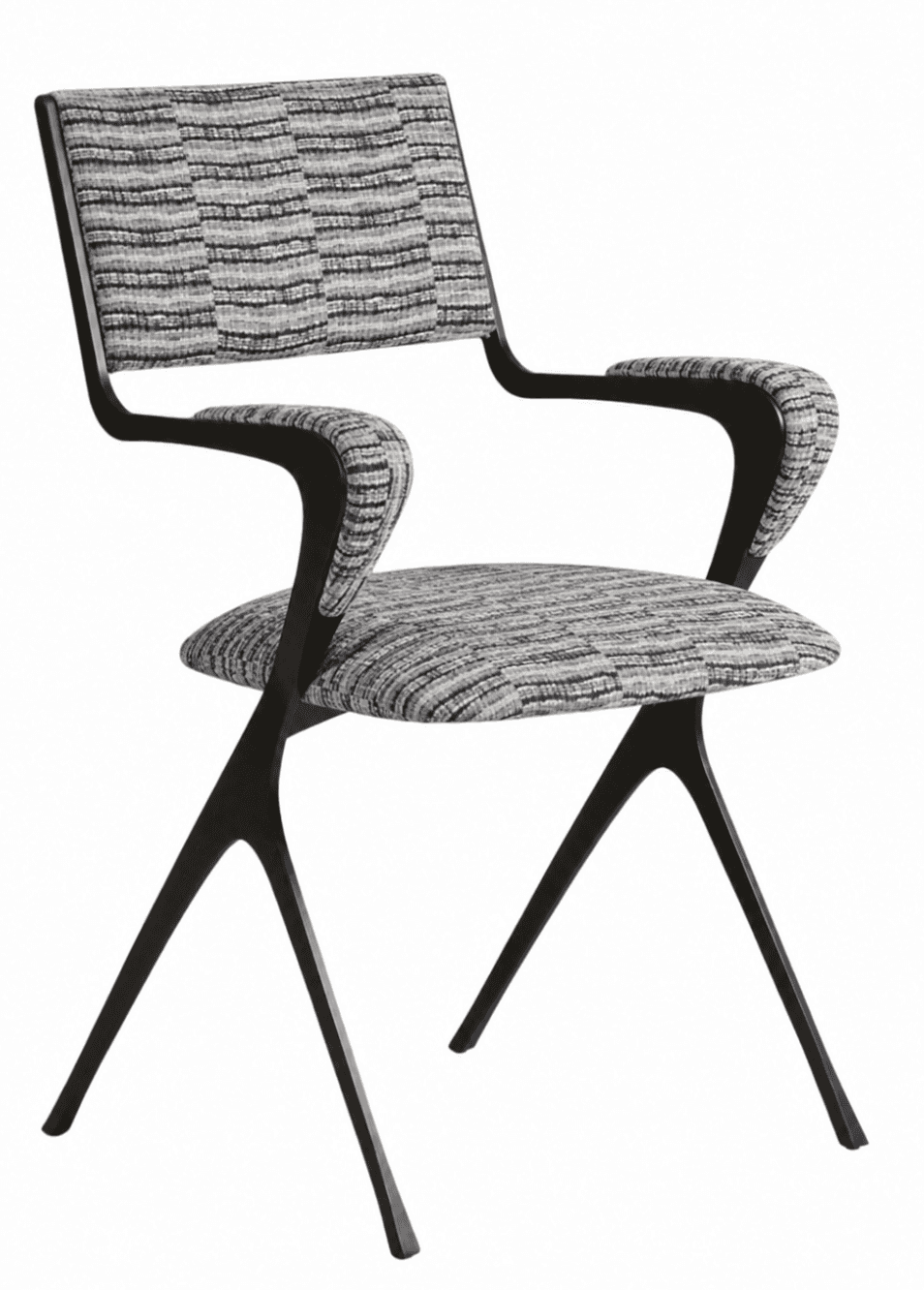 An armchair with a dark, curved wooden frame and upholstered seat, backrest, and armrests. The uphol… — 3D model