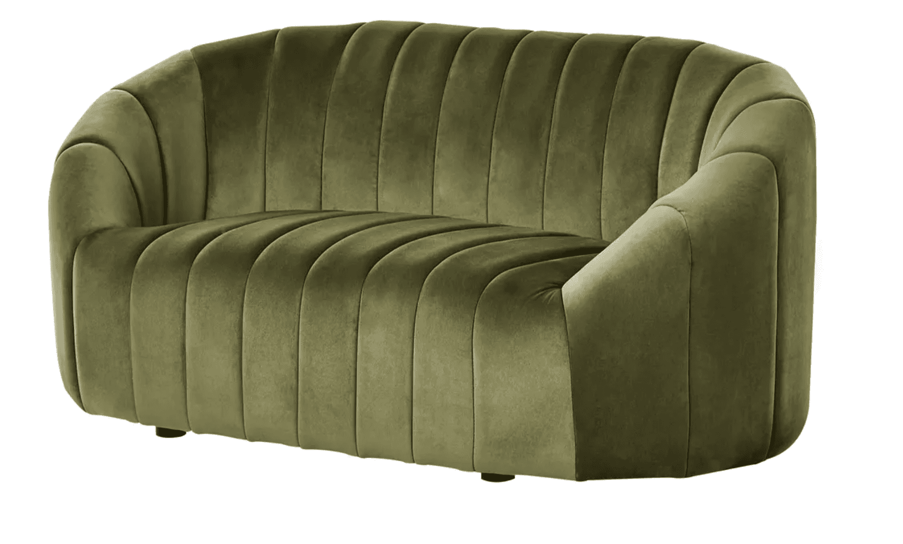 A compact, modern loveseat upholstered in olive green velvet, featuring distinctive vertical channel… — 3D model