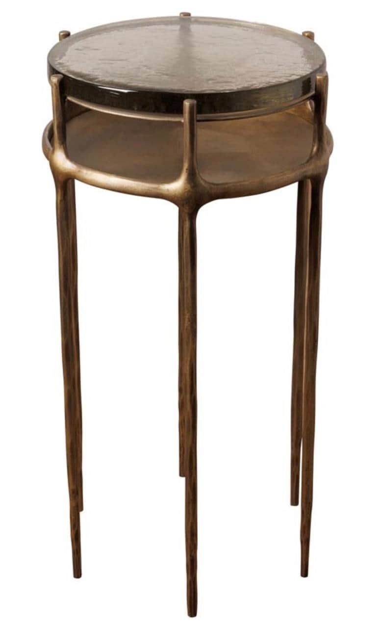 A tall, two-tiered circular side table featuring a distinctive organic bronze frame and dark grey-gr… — 3D model