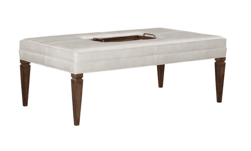 A rectangular, upholstered ottoman or bench featuring a light-colored fabric and dark wooden legs. T… — 3D model