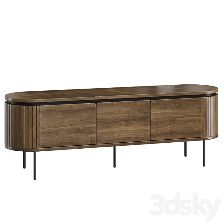 A low-profile credenza featuring an oval-shaped top, three cabinet doors across the front, and disti… — 3D model