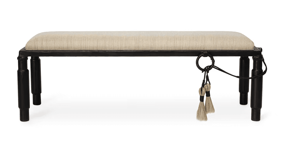 A rectangular bench with a cushioned seat and a dark-colored frame. The frame has four legs, and dec… — 3D model