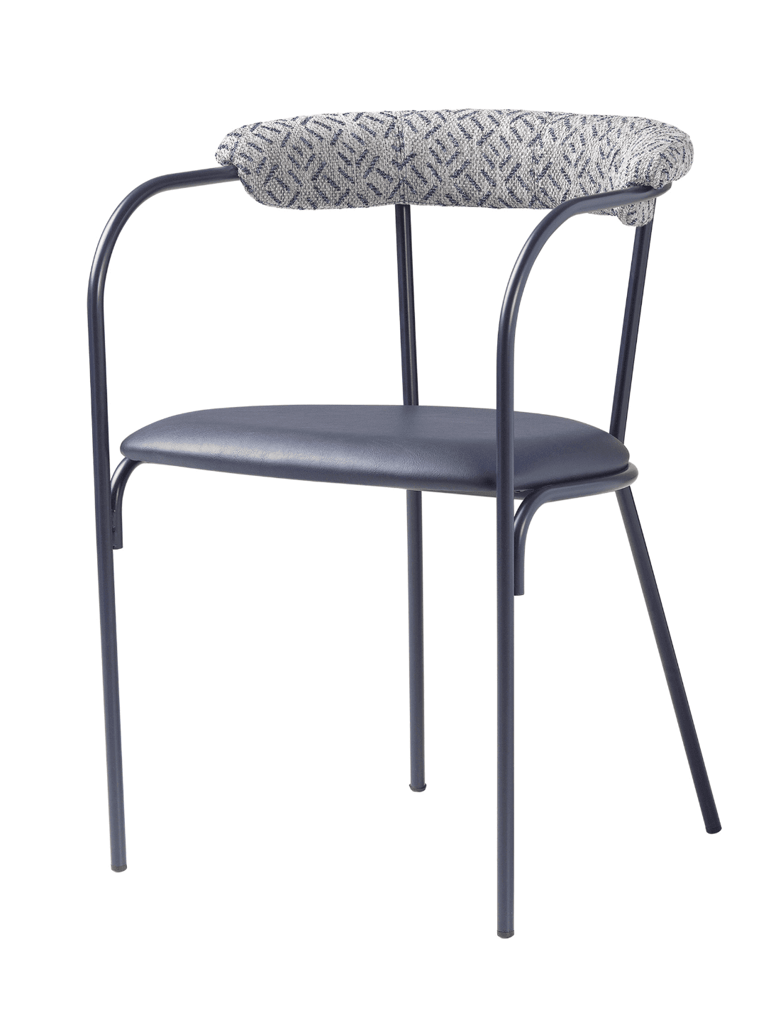A modern chair with a dark blue upholstered seat and a patterned, padded backrest. The frame is cons… — free GLTF 3D model