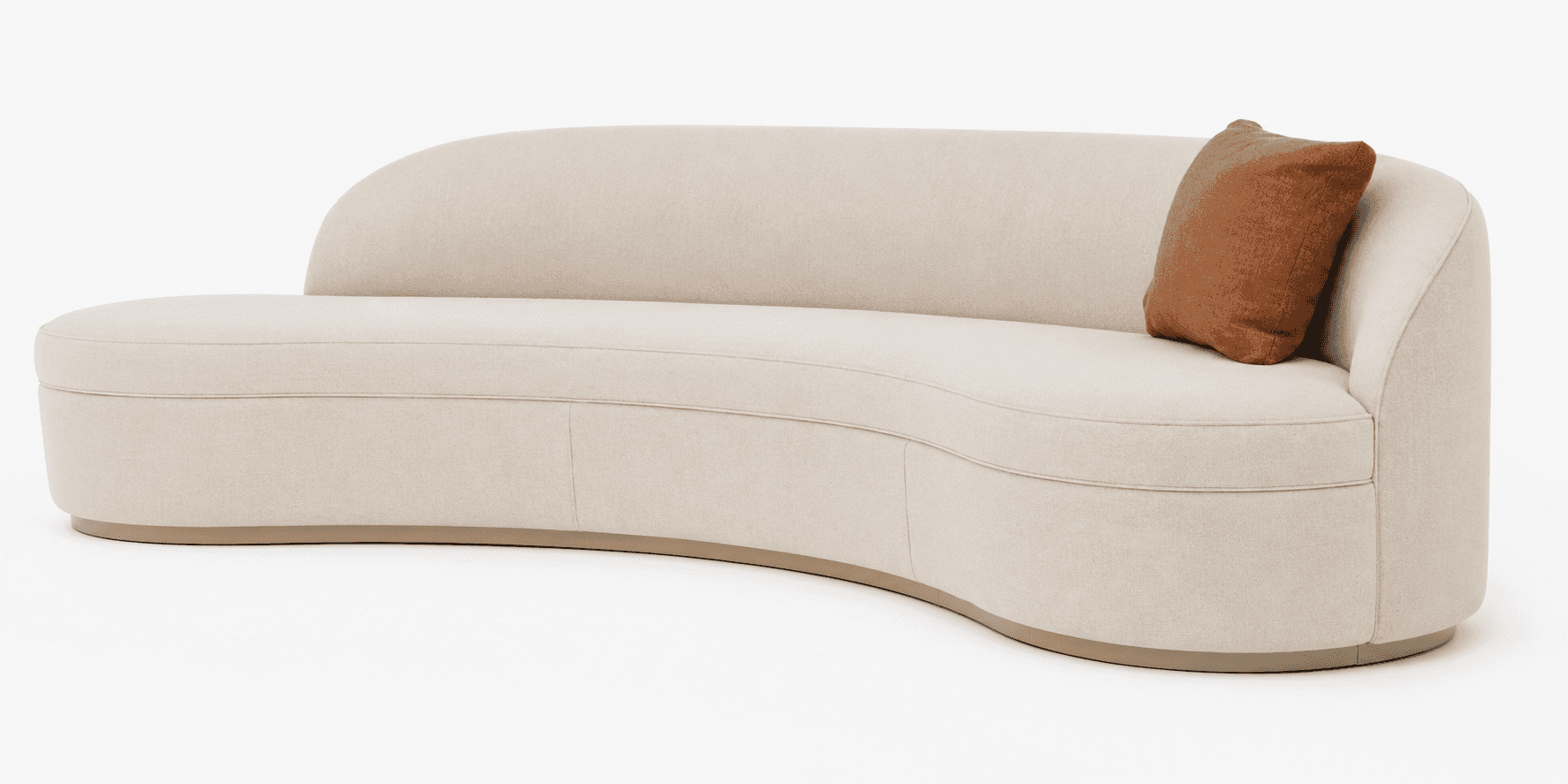 A modern curved sofa upholstered in a light beige fabric, featuring a continuous back and seat, with… — 3D model