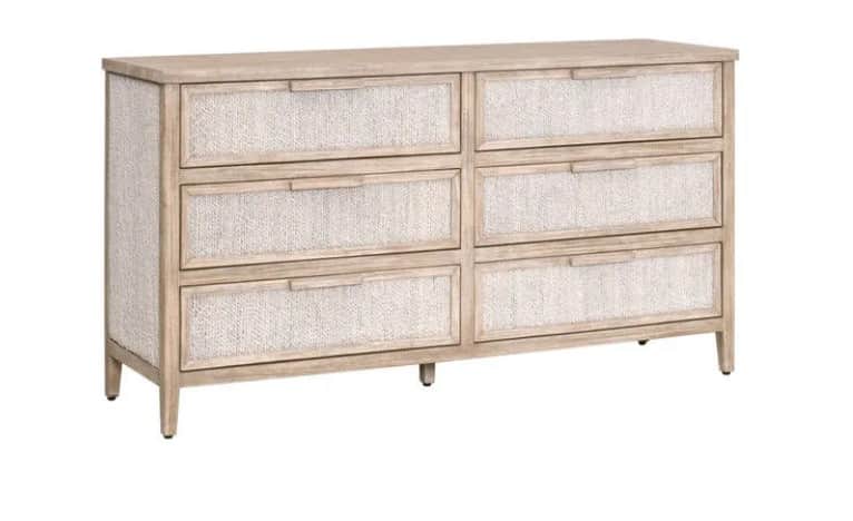 A dresser with a light wood frame and six woven cane drawers, arranged in two columns of three. The… — 3D model