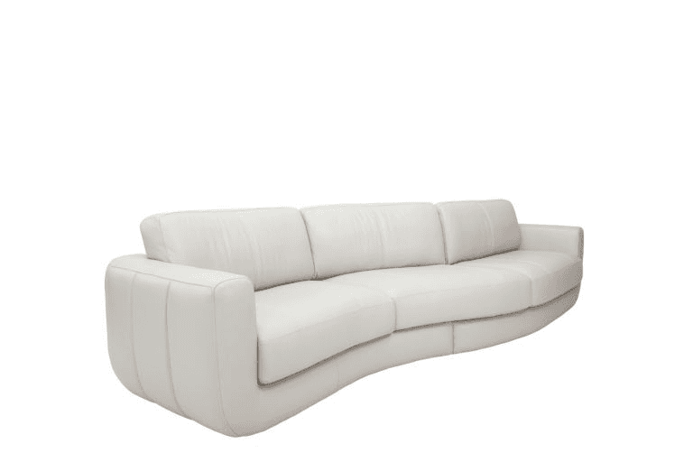A modern, three-seater sofa featuring a distinctive curved silhouette, upholstered entirely in white… — 3D model