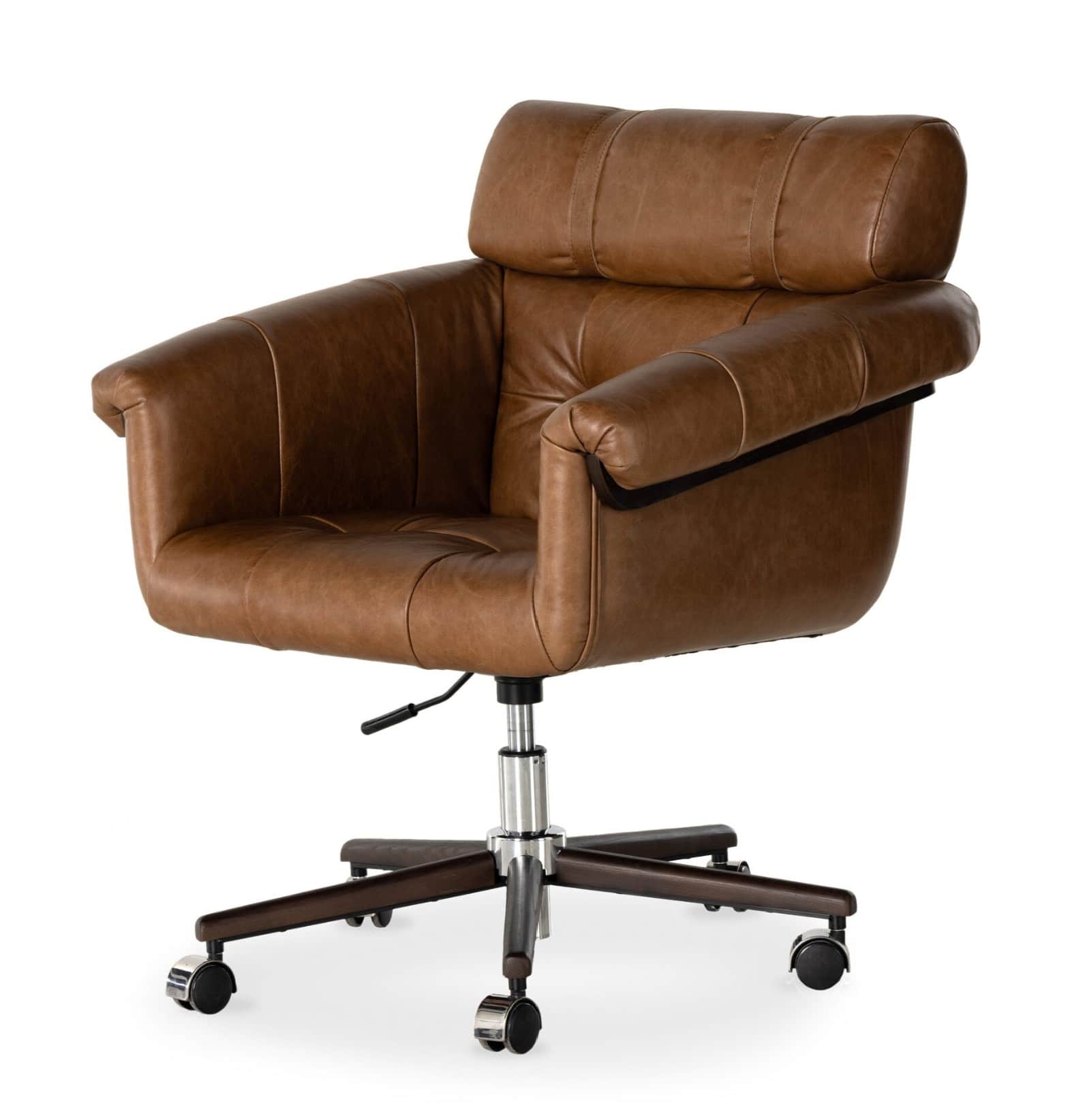 A brown leather desk chair with a tufted seat and backrest, featuring a cushioned headrest and padde… — 3D model