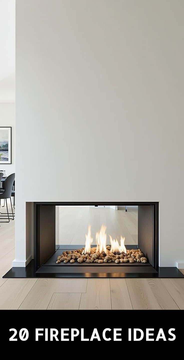 A modern, rectangular fireplace with a black metal frame. The interior features a bed of light-color… — 3D model