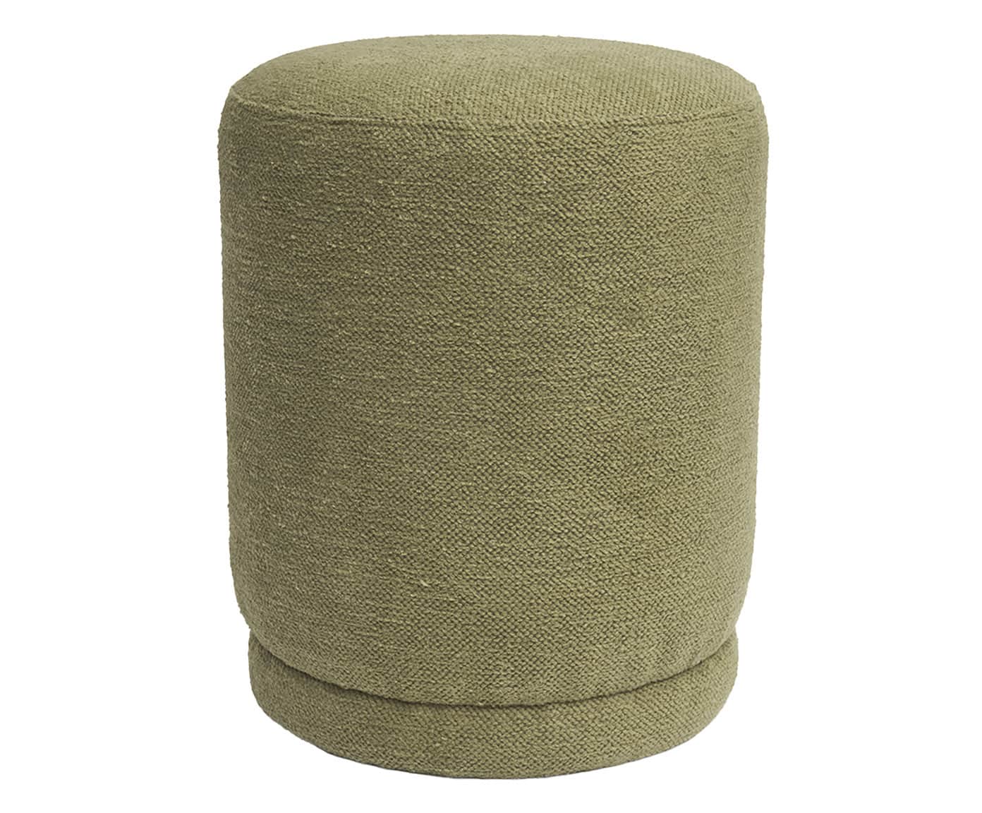 A cylindrical, fully upholstered ottoman covered in a textured, olive-green fabric. It features a su… — 3D model