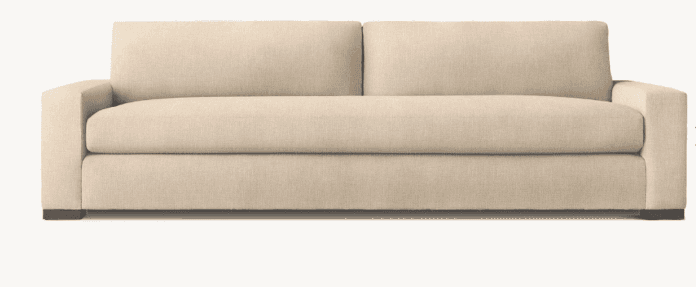 A contemporary two-seater sofa upholstered in a light beige, textured fabric. It features clean line… — free GLTF 3D model