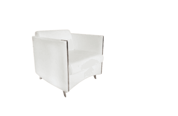 A modern armchair featuring white upholstery and a distinctive external frame made of polished chrom… — 3D model