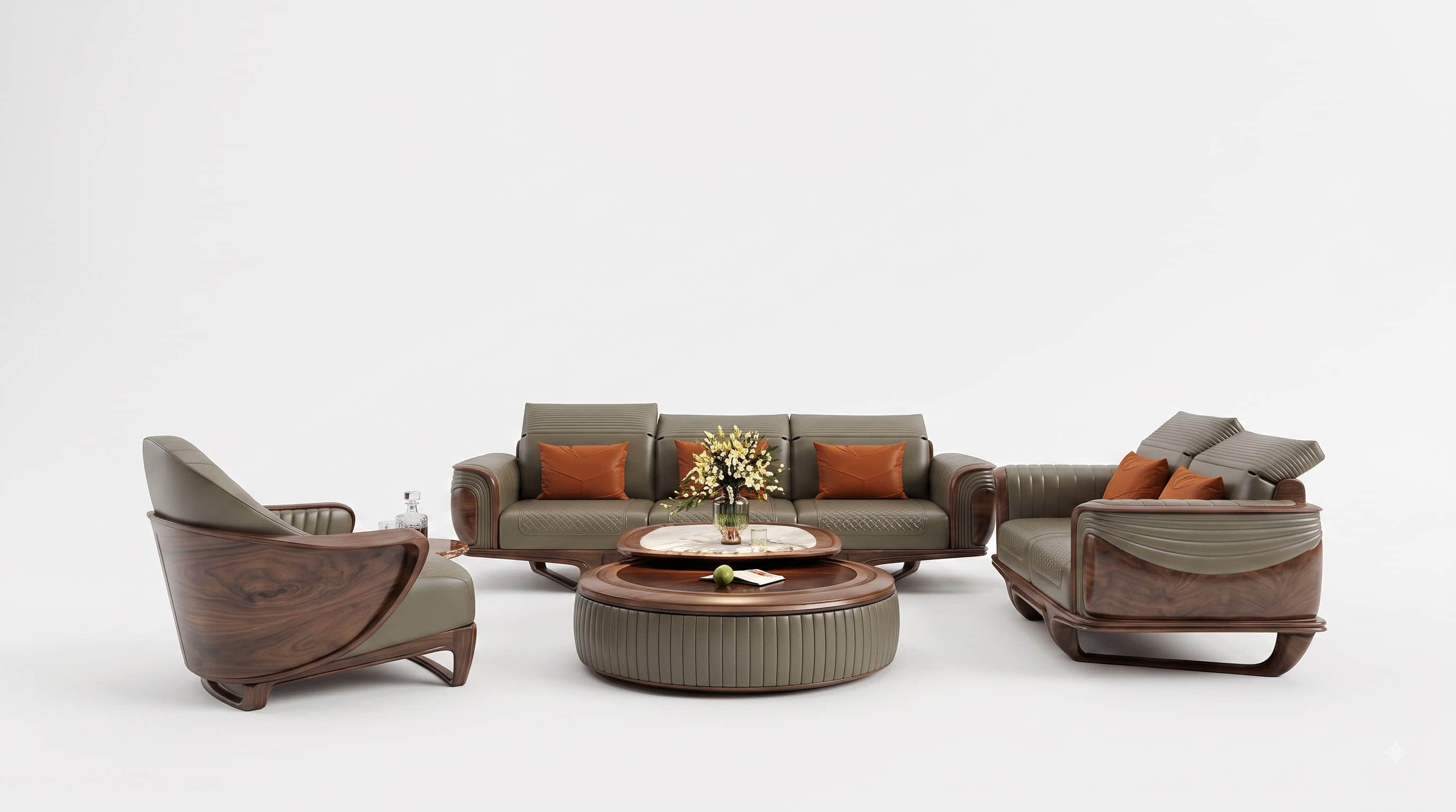 A sophisticated tiered round coffee table featuring a white marble top, a middle wooden tier, and a… — 3D model