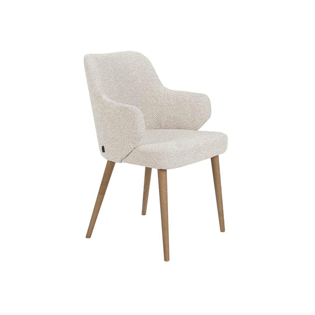A modern armchair with a curved back and integrated armrests, upholstered in a textured, light-color… — free OBJ 3D model