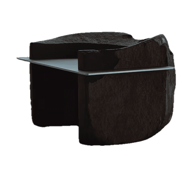A sculptural bench featuring a dark, rough-hewn stone or concrete structure with a sleek, flat metal… — 3D model