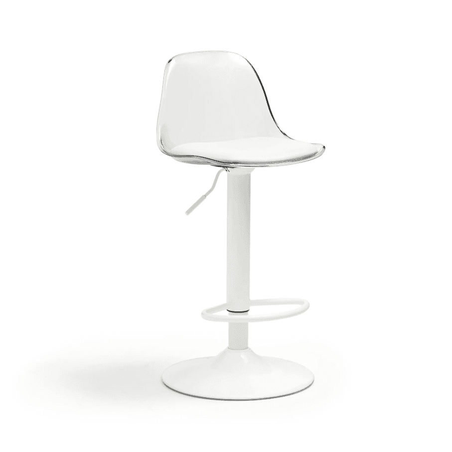 A modern bar stool featuring a clear, contoured acrylic seat with a white padded cushion. It stands… — 3D model
