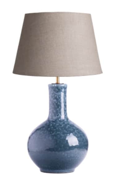 A table lamp with a ceramic base and a fabric lampshade. The base has a rounded, bulbous lower secti… — 3D model
