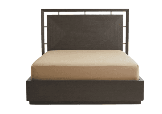 A modern platform bed frame with a rectangular headboard. The headboard features a geometric inset p… — free FBX 3D model
