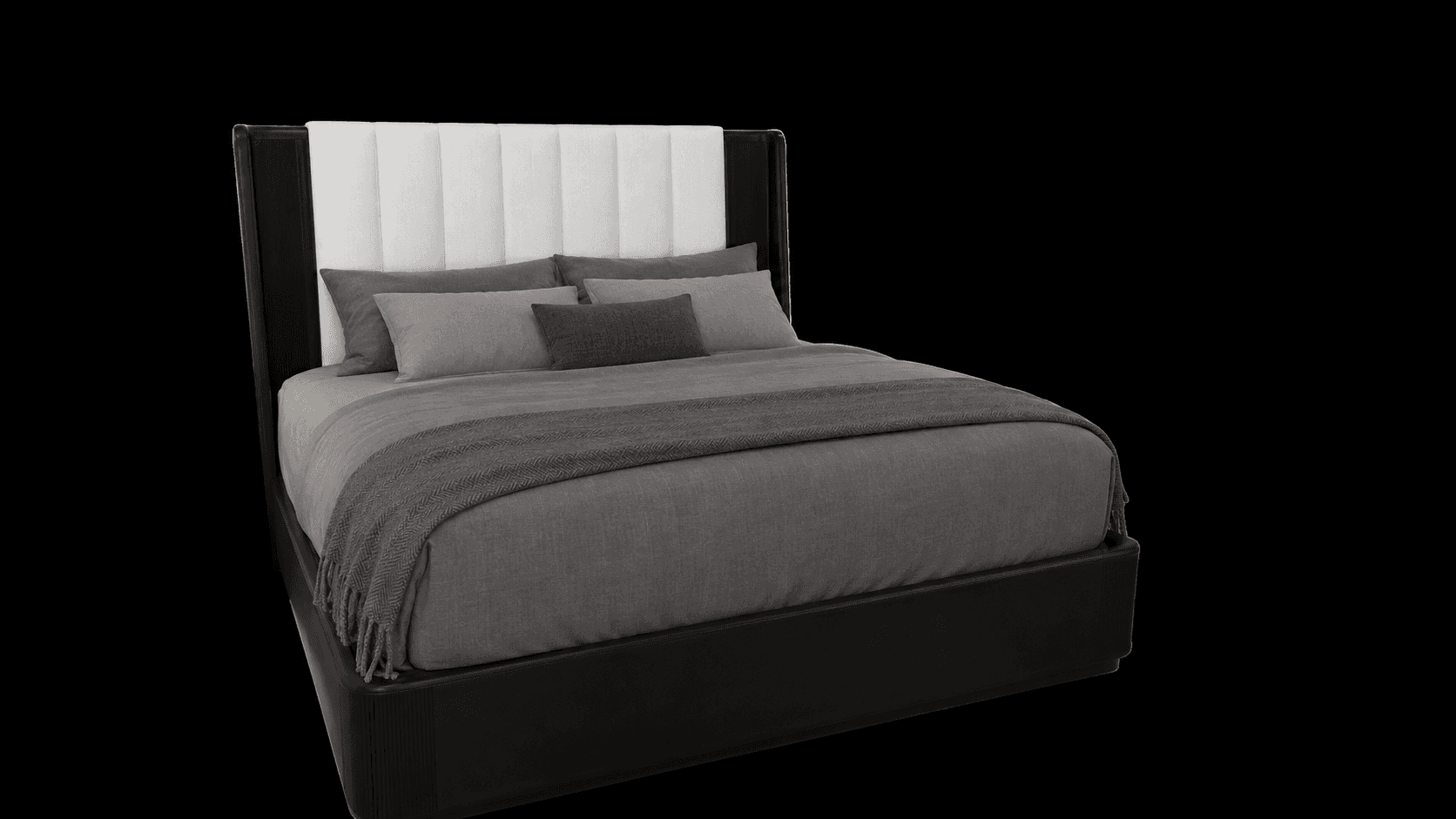 A contemporary upholstered platform bed featuring a distinctive channel-tufted headboard with winged… — 3D model
