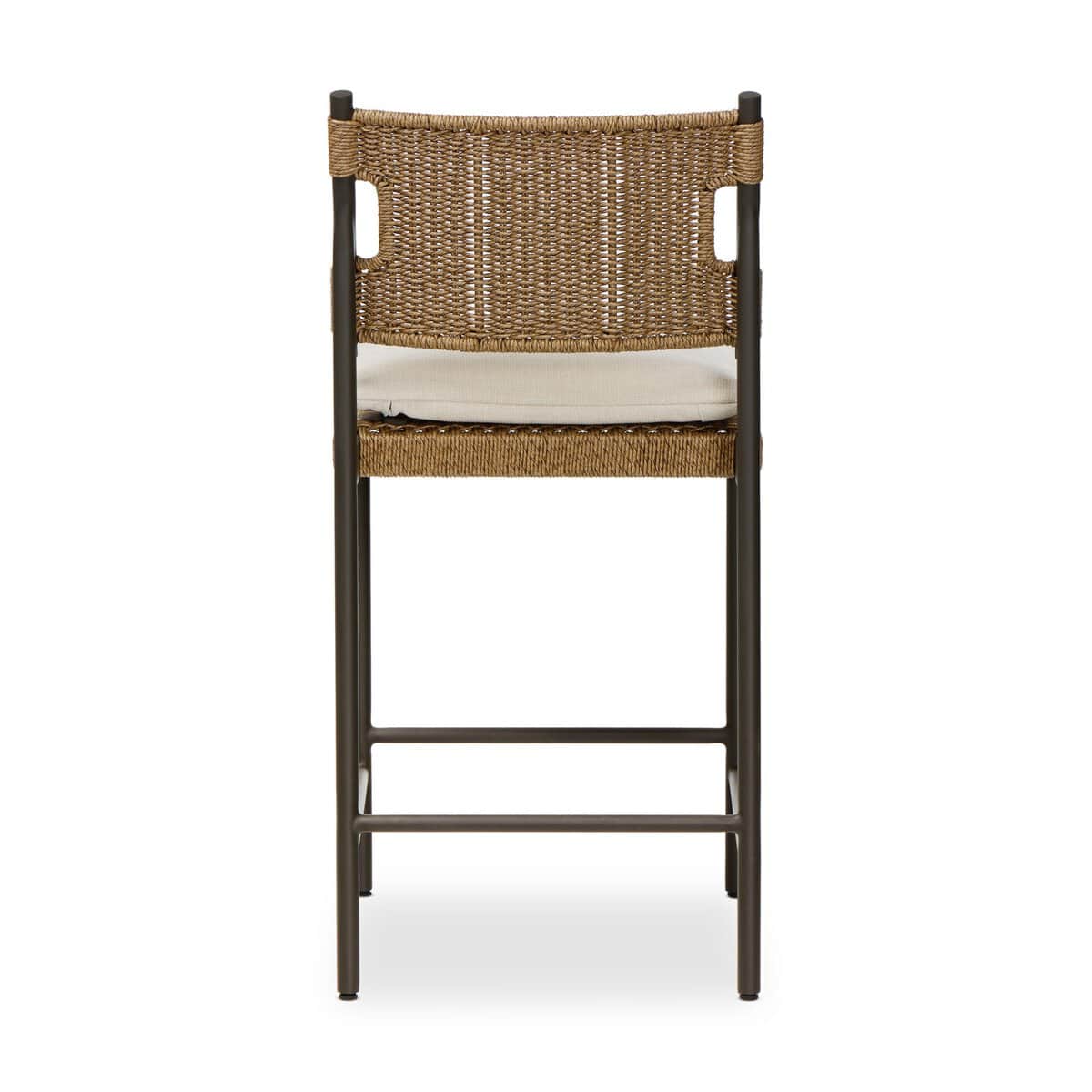 A contemporary bar stool featuring a dark-colored metal frame, a woven synthetic rattan seat and bac… — 3D model