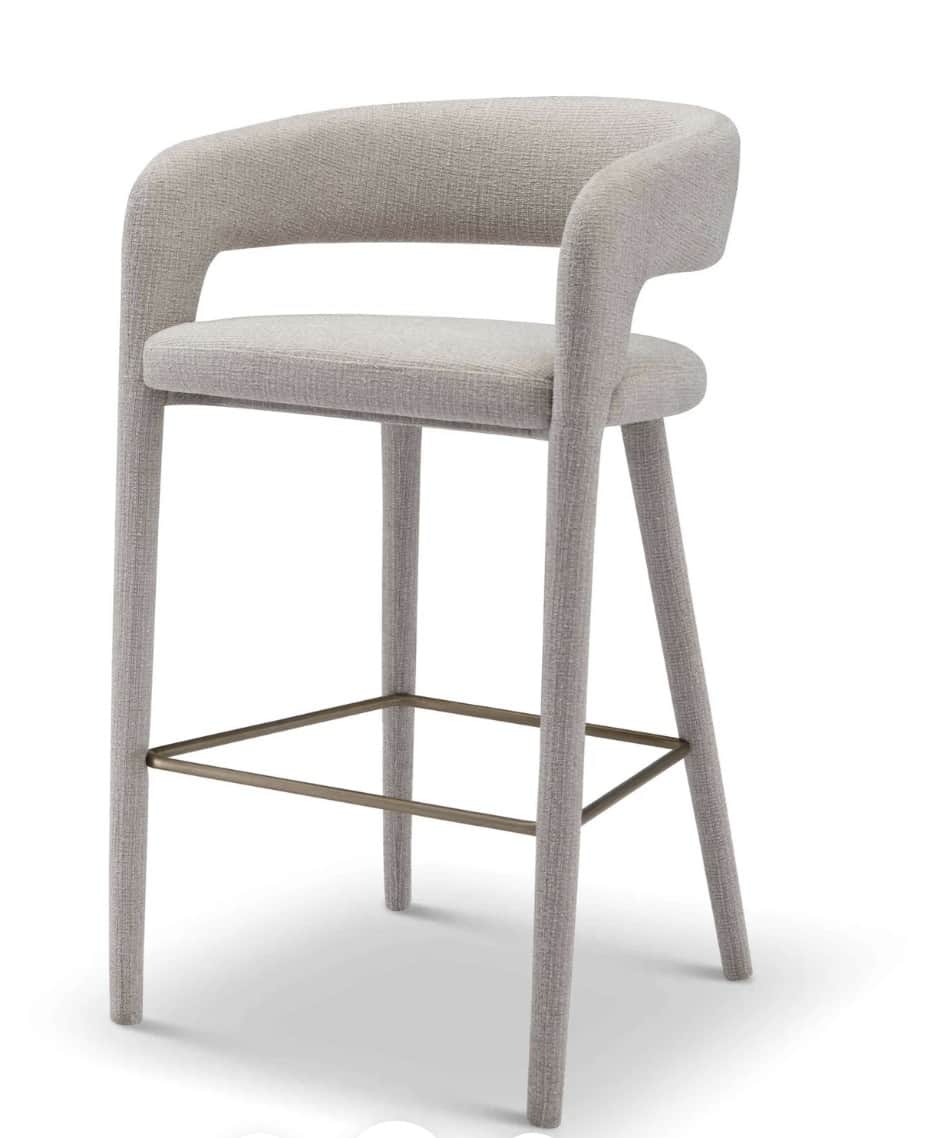 A modern bar stool with a curved backrest and armrests, upholstered in a textured fabric. It feature… — free SKP 3D model