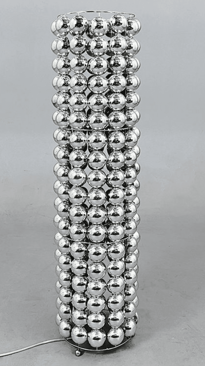 A floor lamp with a cylindrical shade constructed from multiple rows of spherical, reflective elemen… — 3D model