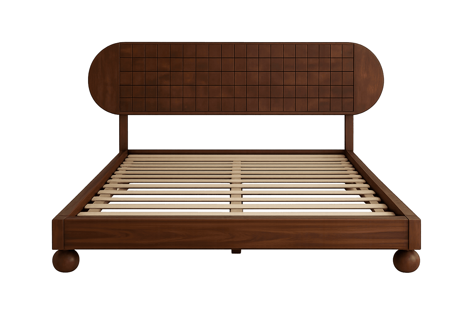 A dark brown wooden platform bed frame featuring a distinctive headboard with a grid-patterned centr… — free FBX 3D model