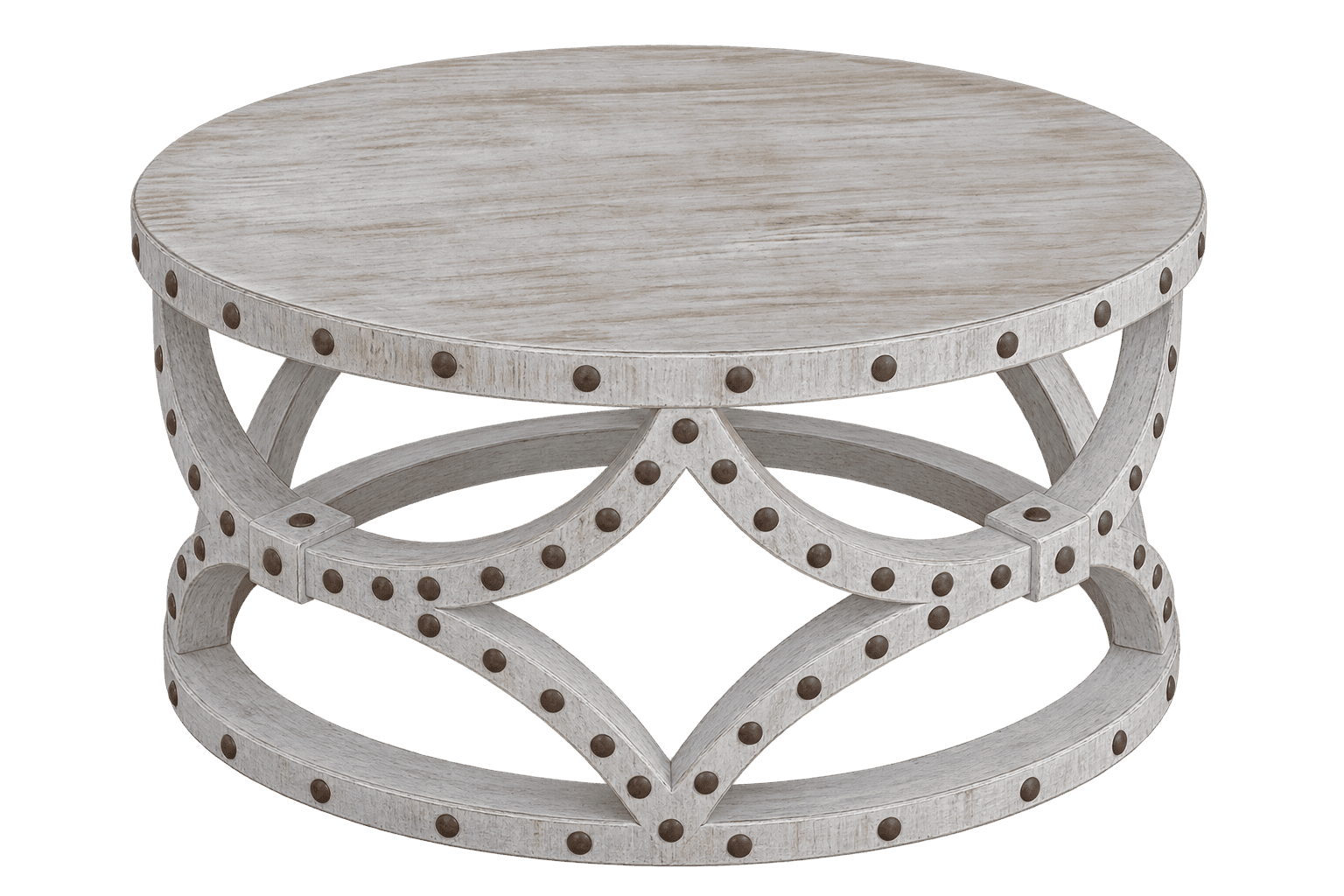A round coffee table featuring a whitewashed wooden construction with a distinctive open-frame scrol… — 3D model