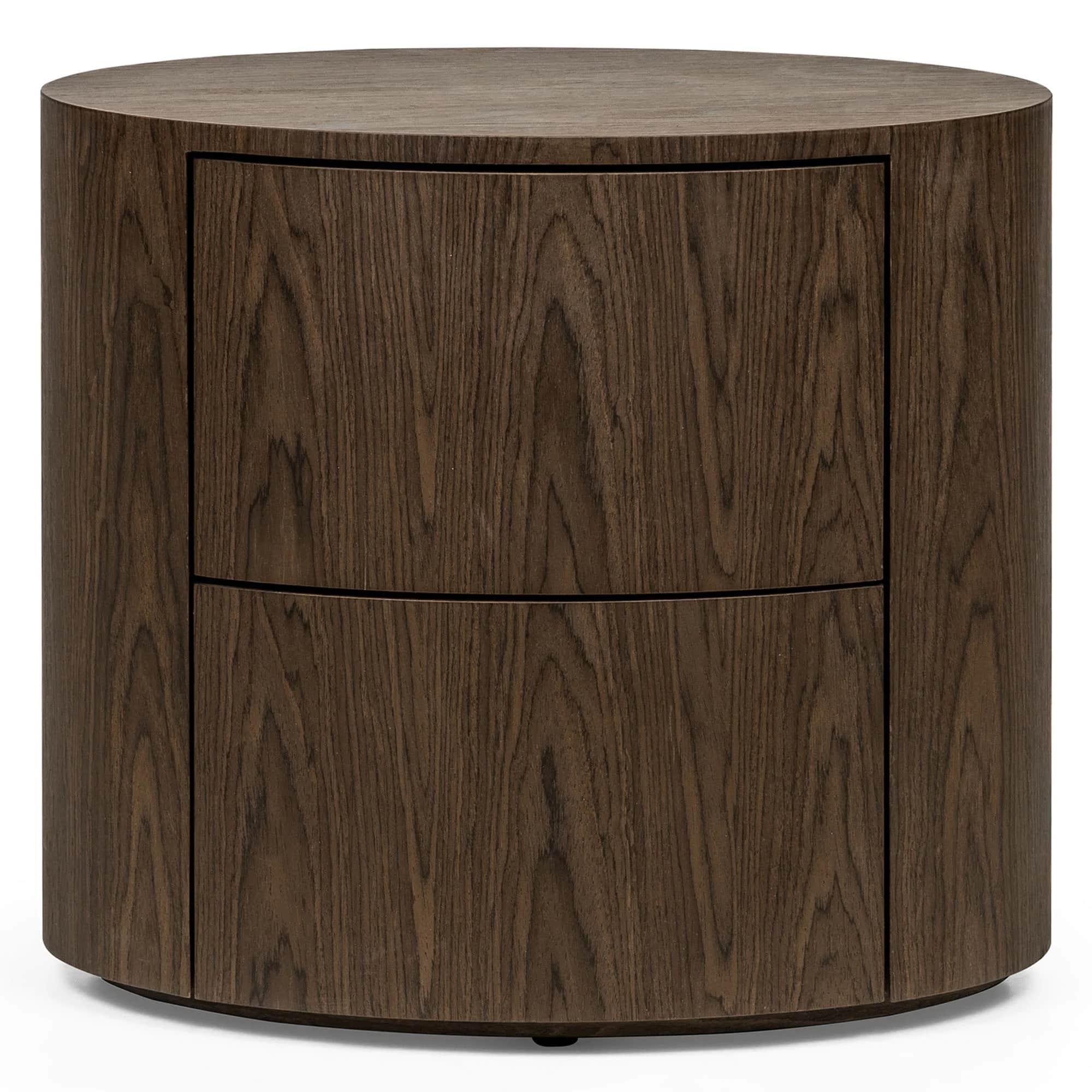 A contemporary round nightstand or accent cabinet made from dark walnut veneer. It features a cylind… — 3D model