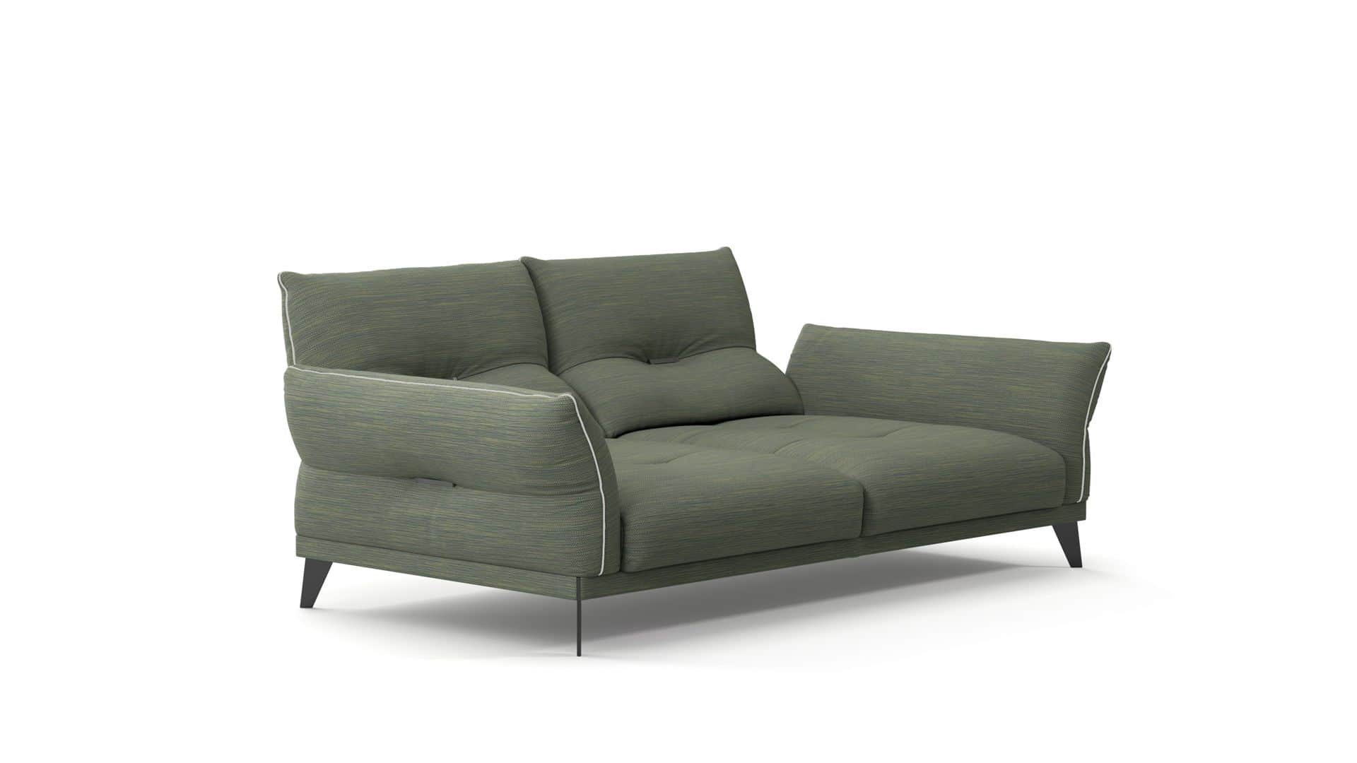 A modern two-seater sofa or loveseat upholstered in a textured green fabric, featuring exposed white… — 3D model