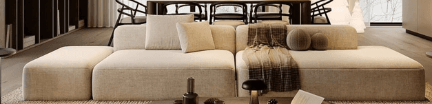 A contemporary modular L-shaped sectional sofa, upholstered in a light beige textile fabric. The sof… — 3D model
