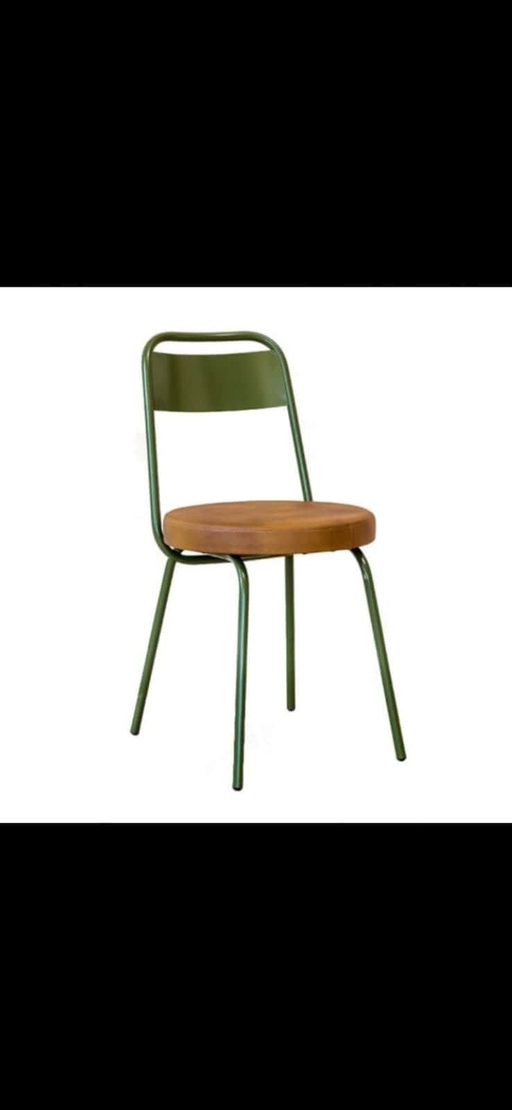 An industrial-style dining chair featuring an olive green tubular metal frame and a round, natural w… — 3D model