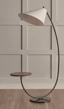 A contemporary floor lamp featuring a curved black metal frame, an integrated circular dark wood sid… — 3D model