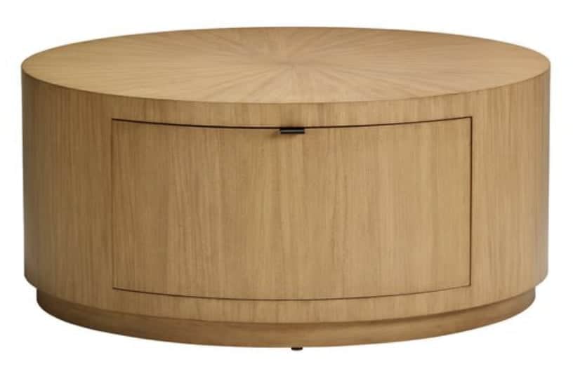 A light-toned cylindrical wood coffee table featuring a radiating veneer pattern on its circular top… — 3D model