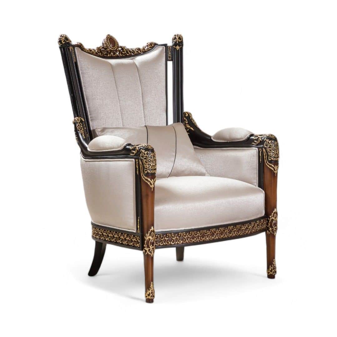 A luxuriously upholstered armchair with a high back and curved arms. The frame features dark wood wi… — 3D model